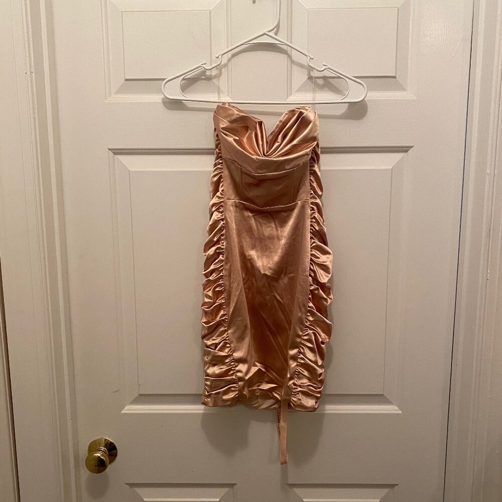 Oh Polly Surprise Me Strapless Shimmer Rose Gold Lined Mini Dress US 6 UK 10